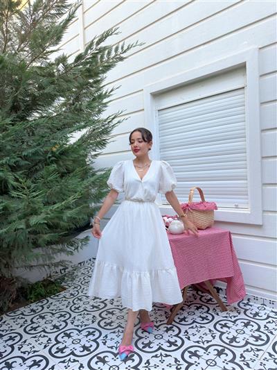 BEYAZ KETEN PRENSES KOL ELBİSE