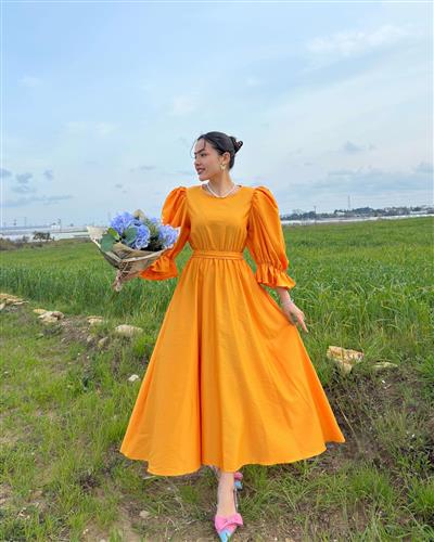 TURUNCU BALON KOL PRENSES ELBİSE