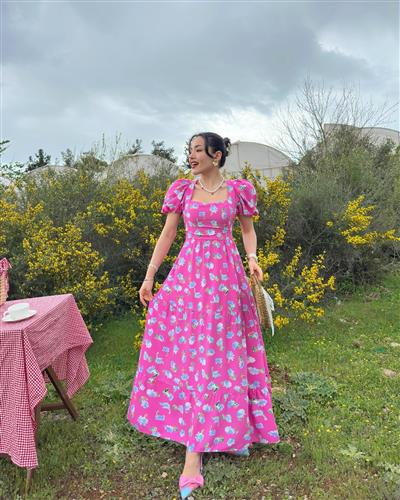 PEMBE ÇİÇEKLİ MİSLİNA ELBİSE