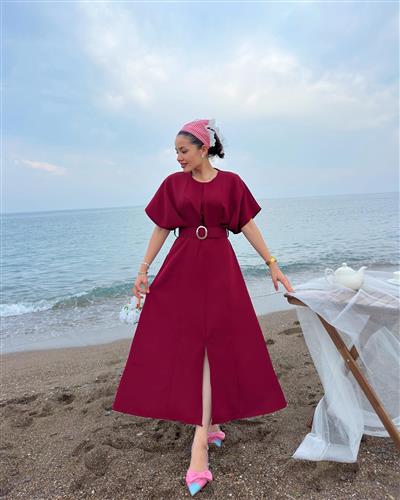 BORDO POPLİN KEMERLİ ELBİSE