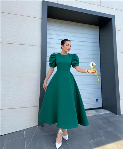 ZÜMRÜT YEŞİL POPLİN PRENSES ELBİSE