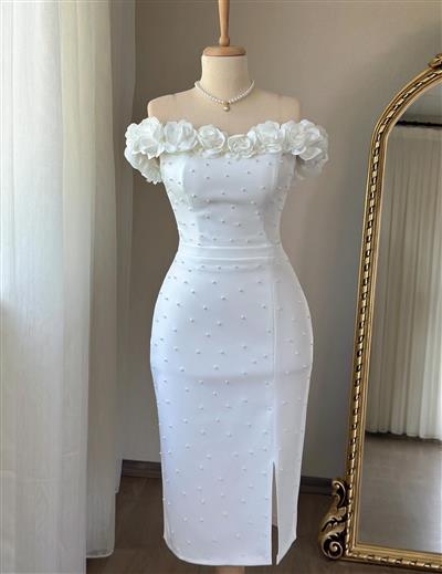 BEYAZ İNCİLİ ÇİÇEK DETAYLI TASARIM ABİYE ELBİSE