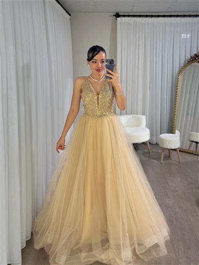 GOLD TAŞ İŞLEMELİ TÜL ABİYE