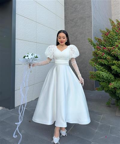 BEYAZ SATEN DANTELLİ TASARIM ABİYE