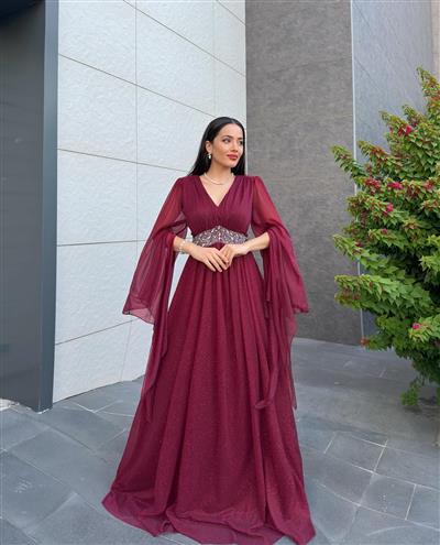 BORDO SİMLİ TAŞLI KOL DETAYLI ABİYE