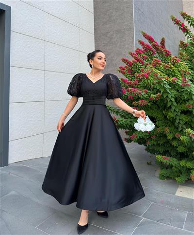 SİYAH SATEN DANTELLİ TASARIM ABİYE