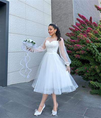 BEYAZ TAŞ DETAYLI TÜL ABİYE ELBİSE