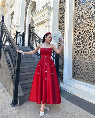 KIRMIZI SATEN TAŞLI ISABELLA ABİYE